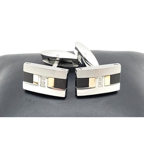 Vintage Rectangle Diamond Polished Stainless Steel Titanium 18k Gold Cufflinks - Picture 1 of 12